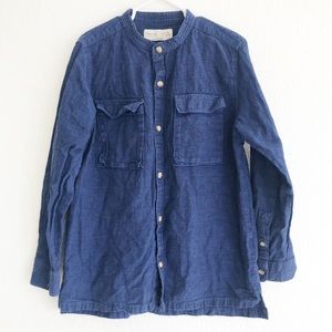 ZARA Boys Button Front No Collar Blue Shirt